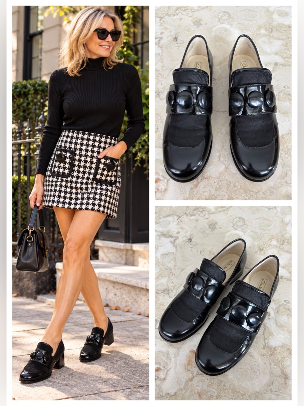 Clarks x Orla Kiely Black Patent 'Dora' Loafers Retro Button Mod Heel
